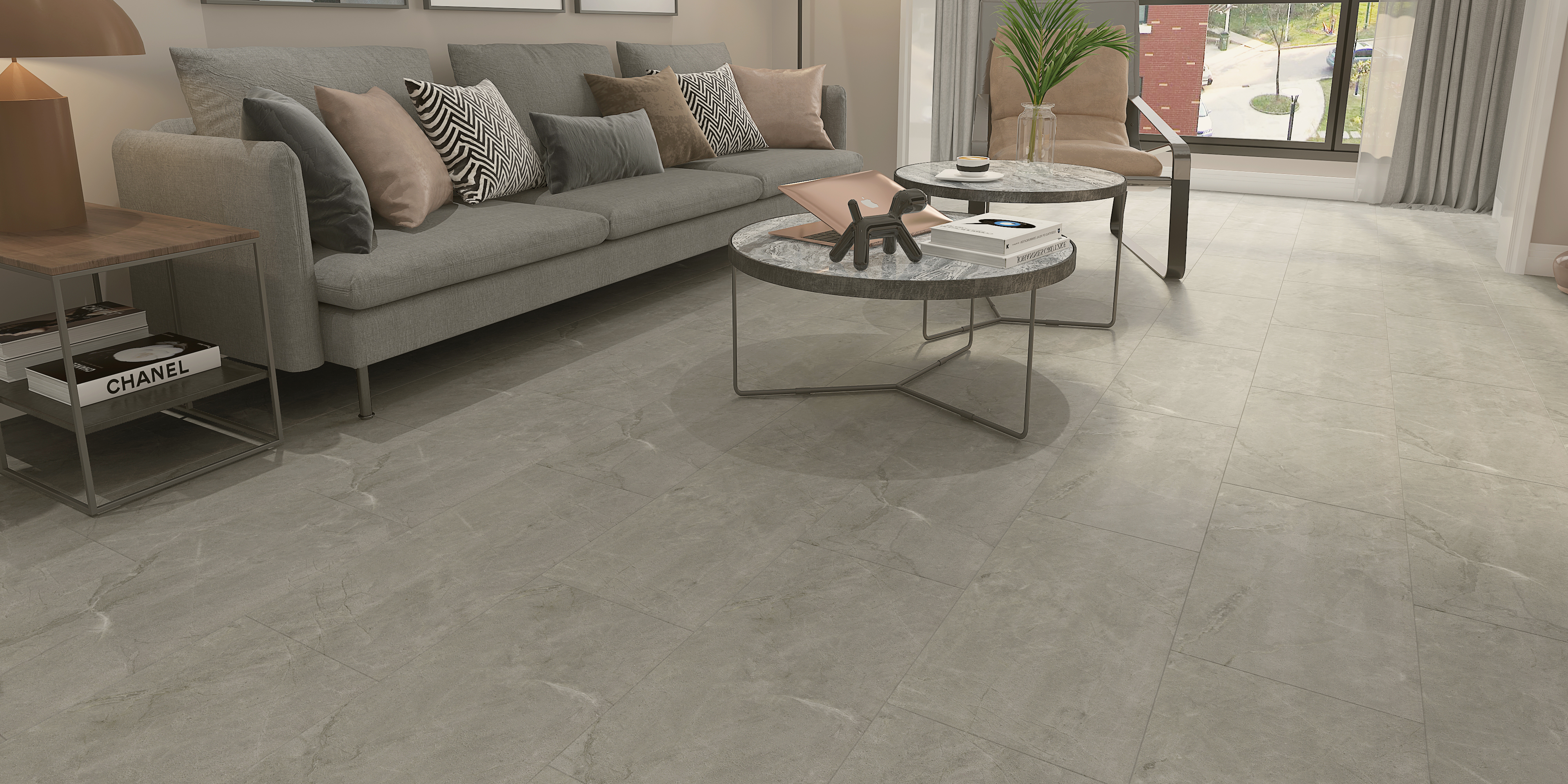 Gray vinyl plank flooring for a living room. LVP is waterproof flooring, perfect for any room in your home. 